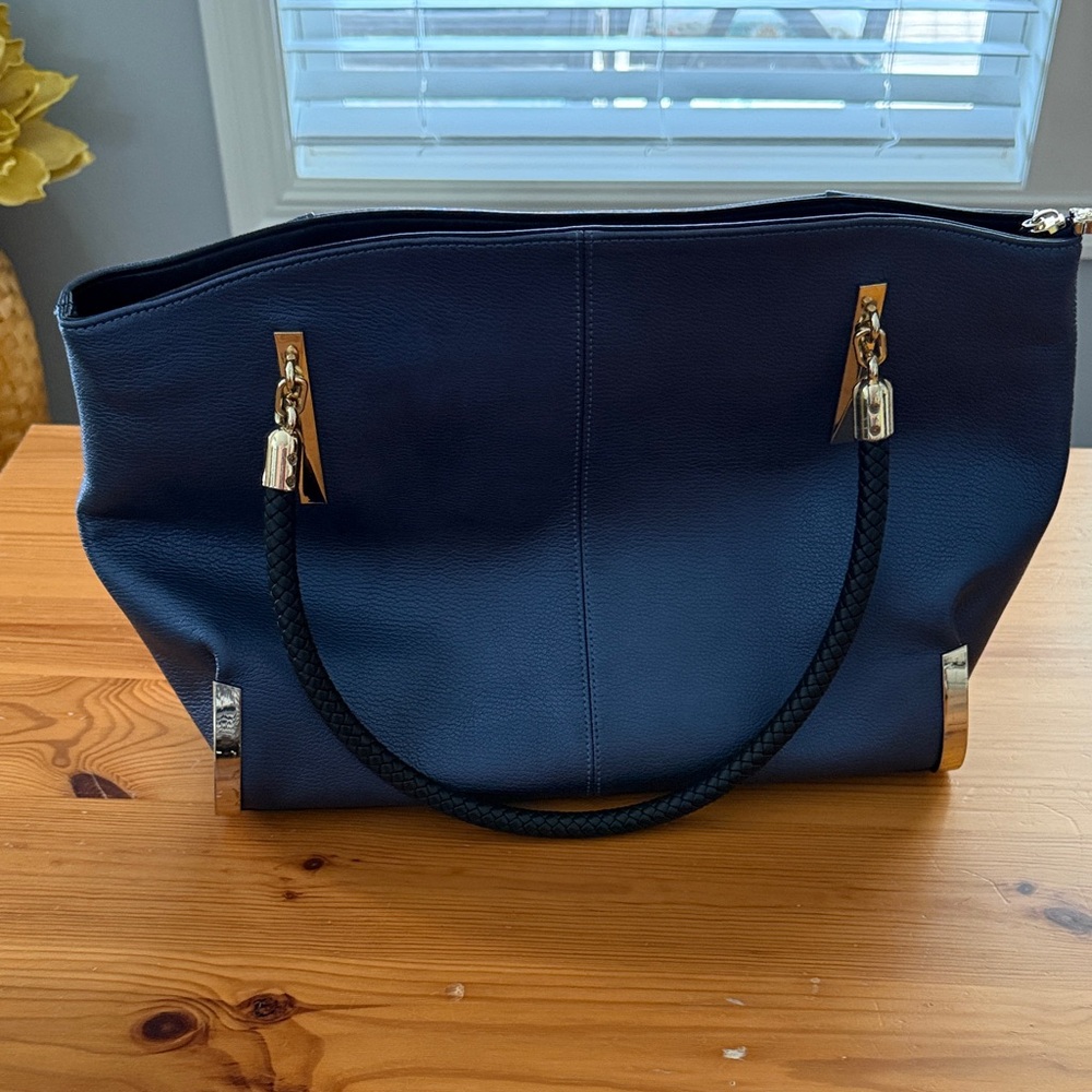 FOXER Blue Leather Tote Bag with Braided Handles